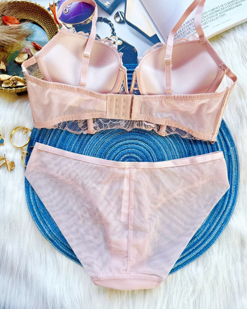 Sexy Mesh Lace Floral Embroidered Underwire Bra And Panty Set