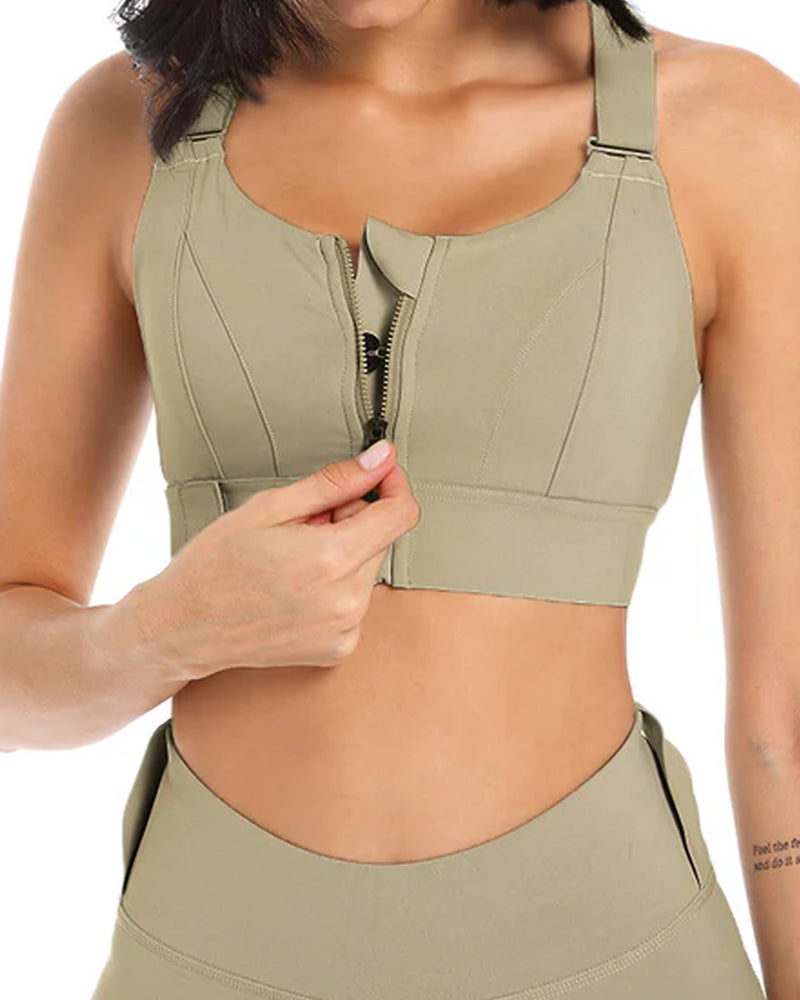 Women's Zipper Front High-Strength Support Adjustable Straps Cross Back Short Fitness Sports Bra