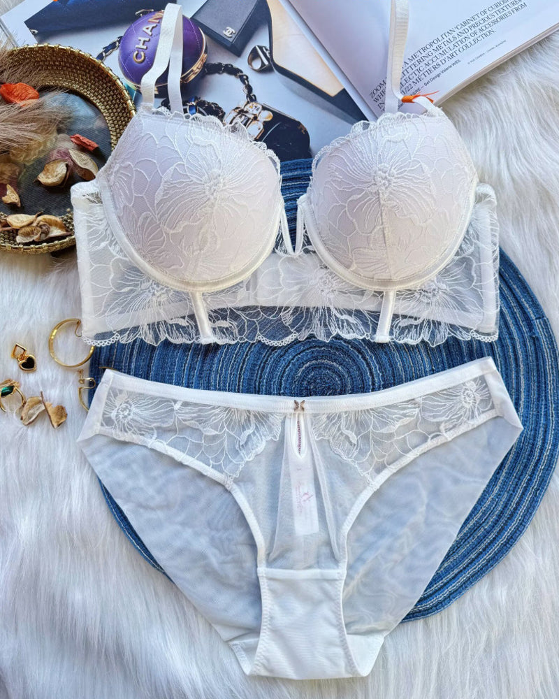 Sexy Mesh Lace Floral Embroidered Underwire Bra And Panty Set
